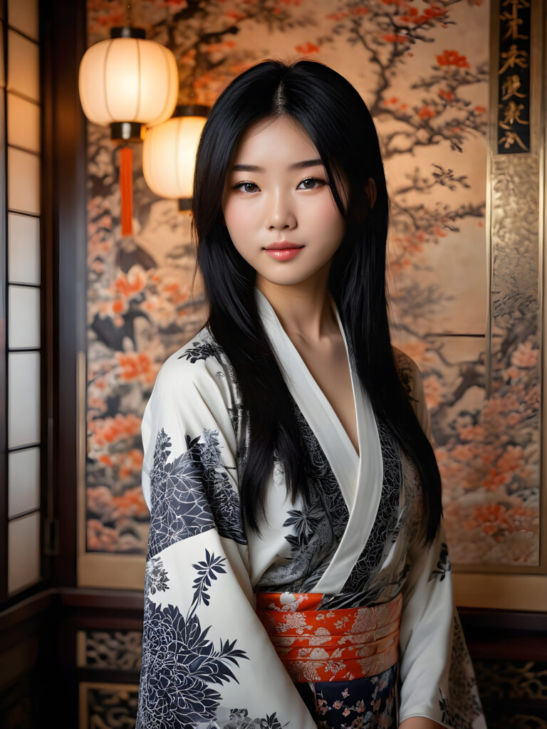 a stunningly beautiful (((Japanese teen model girl))) with (((soft straight black hair))), the long hair falls over her upper body down to her waist, exuding a (((vividly realistic glow))) that gives off an air of (((ethereal innocence))), her (((detailed, angelic face))) radiating joyful excitement, framed by a (((traditional Oriental natural backdrop))) consisting of (((subtle, elegant patterns))), a (((soft, empty canvas))). She is captured in a (((portrait shot))), with a flawlessly proportioned figure and (((minimalist clothing))) that accentuates every curve, embodying an (((effortless beauty)))