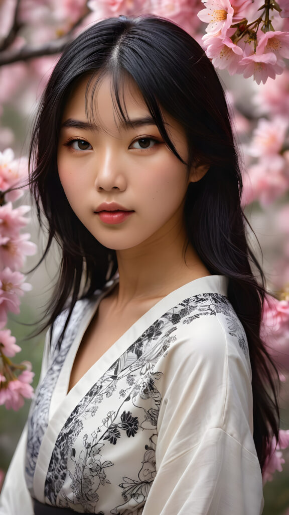 a stunningly beautiful (((Japanese teen model girl))) with (((soft straight black hair, the long hair falls down to her waist))), exuding a (((vividly realistic glow))) that gives off an air of (((ethereal innocence))), her (((detailed, angelic face))) radiating joyful excitement, framed by a (((cherry blossom backdrop))) consisting of (((subtle, elegant patterns))), a (((soft, empty canvas))). She is captured in a (((portrait shot))), with a flawlessly proportioned figure and (((minimalist clothing))) that accentuates every curve, embodying an (((effortless beauty)))