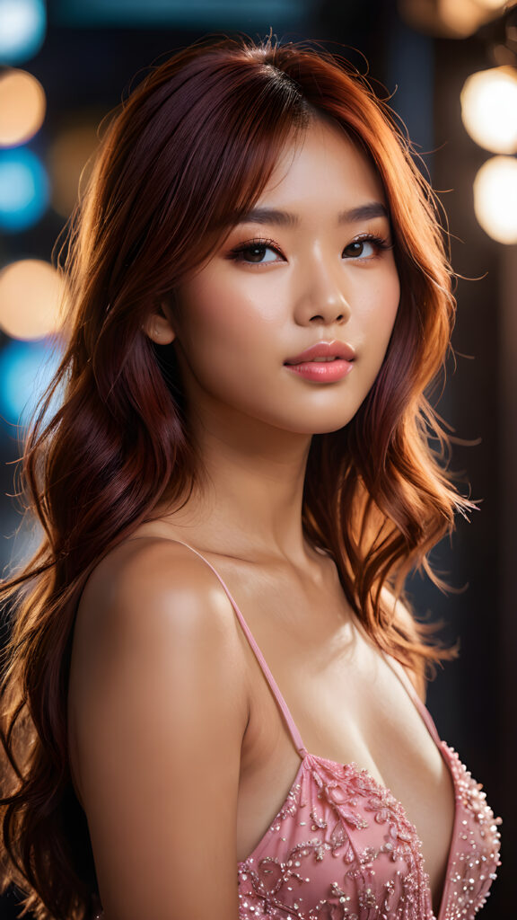 a stunningly beautiful (((female model))) with an upper body that exudes cuteness, captured in a side view that highlights the intricate details and luxurious color contrast, using advanced techniques like deep shadow and focus, creating a masterpiece that boasts a breathtakingly realistic image, with a cute 16-year-old Filipino girl with Korea-styled bangs and detailed red straight hair, a perfect curved body that embodies elegance, paired with ultra realistic features and a warm smile featuring pink lips