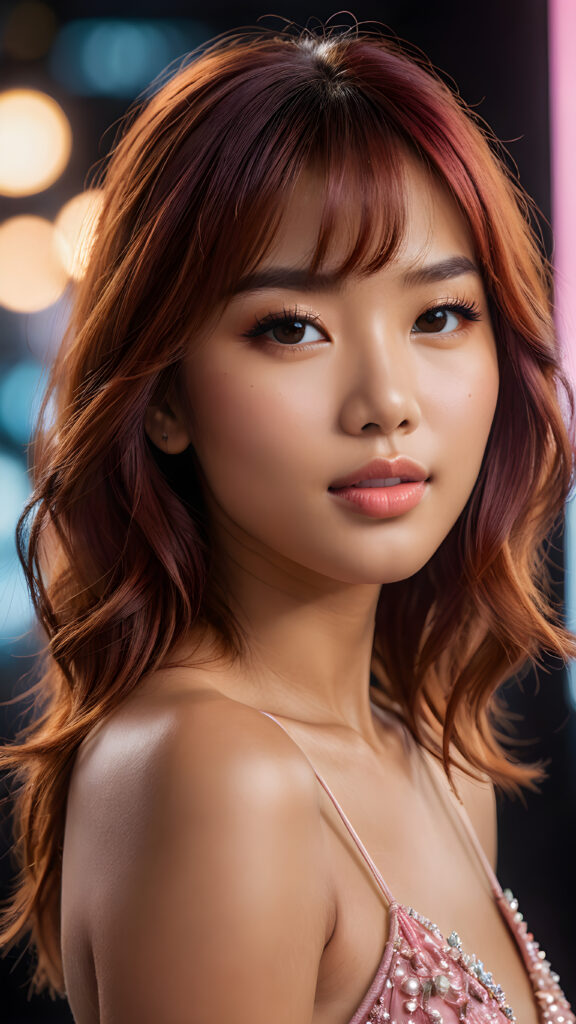 a stunningly beautiful (((female model))) with an upper body that exudes cuteness, captured in a side view that highlights the intricate details and luxurious color contrast, using advanced techniques like deep shadow and focus, creating a masterpiece that boasts a breathtakingly realistic image, with a cute 16-year-old Filipino girl with Korea-styled bangs and detailed red straight hair, a perfect curved body that embodies elegance, paired with ultra realistic features and a warm smile featuring pink lips