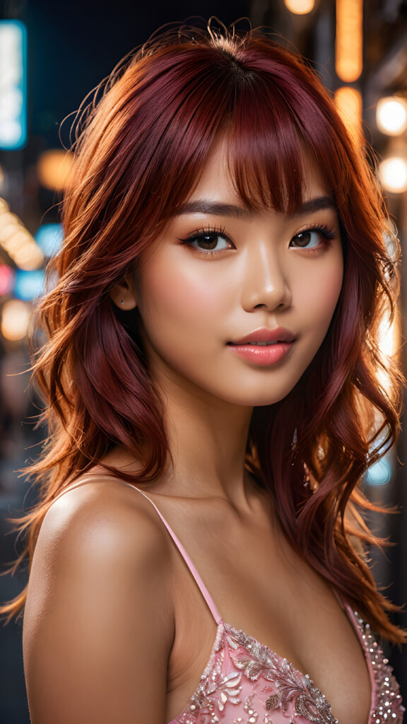 a stunningly beautiful (((female model))) with an upper body that exudes cuteness, captured in a side view that highlights the intricate details and luxurious color contrast, using advanced techniques like deep shadow and focus, creating a masterpiece that boasts a breathtakingly realistic image, with a cute 16-year-old Filipino girl with Korea-styled bangs and detailed red straight hair, a perfect curved body that embodies elegance, paired with ultra realistic features and a warm smile featuring pink lips