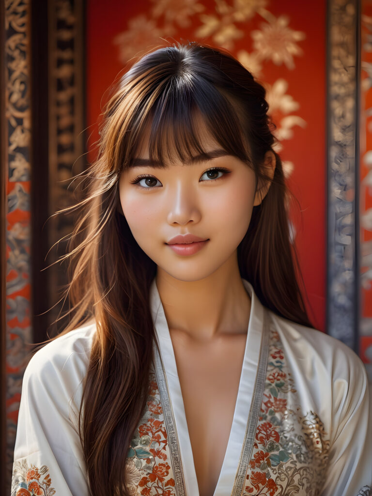 a stunningly beautiful (((Asian teen girl))) with long, flowing (((brown hair))) and intricate (((bangs))) cut, exuding a (((vividly realistic glow))) that gives off an air of (((ethereal innocence))), her (((detailed, angelic face))) radiating joyful excitement, framed by a (((traditional Oriental backdrop))) consisting of (((subtle, elegant patterns))), a (((soft, empty canvas))). She is captured in a (((portrait shot))), with a flawlessly proportioned figure and (((minimalist clothing))) that accentuates every curve, embodying an (((effortless beauty)))