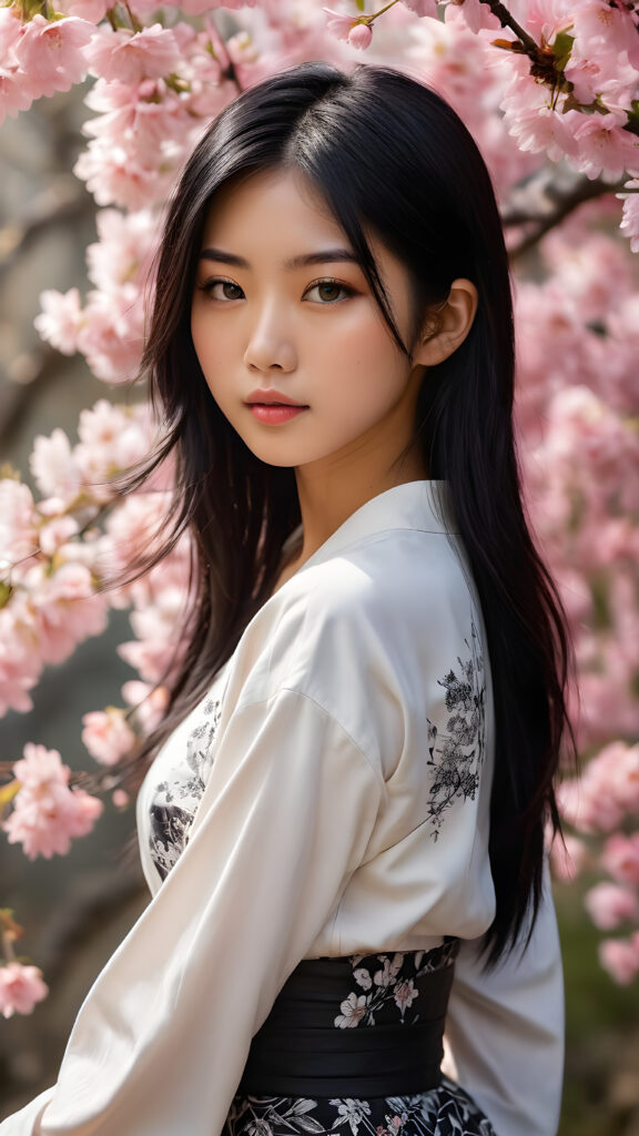 a stunningly beautiful (((Japanese teen model girl))) with (((soft straight black hair, the long hair falls down to her waist))), exuding a (((vividly realistic glow))) that gives off an air of (((ethereal innocence))), her (((detailed, angelic face))) radiating joyful excitement, framed by a (((cherry blossom backdrop))) consisting of (((subtle, elegant patterns))), a (((soft, empty canvas))). She is captured in a (((portrait shot))), with a flawlessly proportioned figure and (((minimalist clothing))) that accentuates every curve, embodying an (((effortless beauty)))