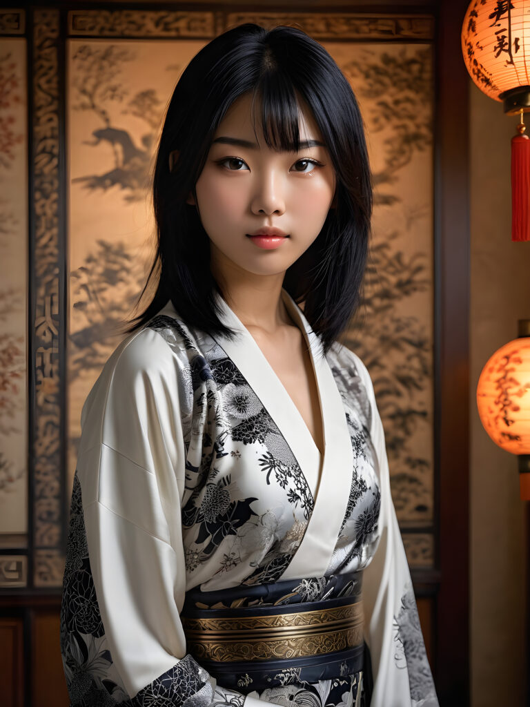 a stunningly beautiful (((Japanese teen model girl))) with (((soft straight black hair))), the long hair falls over her upper body down to her waist, exuding a (((vividly realistic glow))) that gives off an air of (((ethereal innocence))), her (((detailed, angelic face))) radiating joyful excitement, framed by a (((traditional Oriental natural backdrop))) consisting of (((subtle, elegant patterns))), a (((soft, empty canvas))). She is captured in a (((portrait shot))), with a flawlessly proportioned figure and (((minimalist clothing))) that accentuates every curve, embodying an (((effortless beauty)))