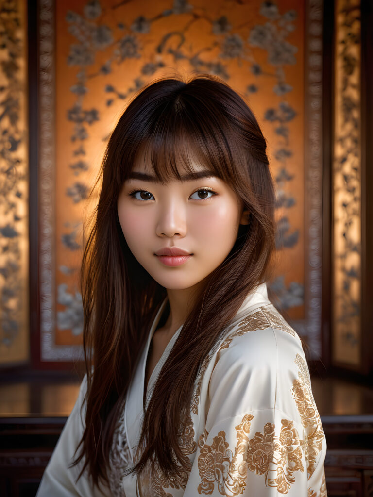 a stunningly beautiful (((Asian teen girl))) with long, flowing (((brown hair))) and intricate (((bangs))) cut, exuding a (((vividly realistic glow))) that gives off an air of (((ethereal innocence))), her (((detailed, angelic face))) radiating joyful excitement, framed by a (((traditional Oriental backdrop))) consisting of (((subtle, elegant patterns))), a (((soft, empty canvas))). She is captured in a (((portrait shot))), with a flawlessly proportioned figure and (((minimalist clothing))) that accentuates every curve, embodying an (((effortless beauty)))