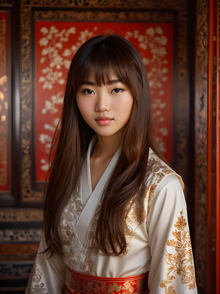 a stunningly beautiful (((Asian teen girl))) with long, flowing (((brown hair))) and intricate (((bangs))) cut, exuding a (((vividly realistic glow))) that gives off an air of (((ethereal innocence))), her (((detailed, angelic face))) radiating joyful excitement, framed by a (((traditional Oriental backdrop))) consisting of (((subtle, elegant patterns))), a (((soft, empty canvas))). She is captured in a (((portrait shot))), with a flawlessly proportioned figure and (((minimalist clothing))) that accentuates every curve, embodying an (((effortless beauty)))