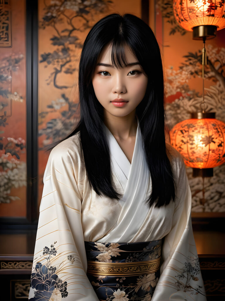 a stunningly beautiful (((Japanese teen model girl))) with (((soft straight black hair))), the long hair falls over her upper body down to her waist, exuding a (((vividly realistic glow))) that gives off an air of (((ethereal innocence))), her (((detailed, angelic face))) radiating joyful excitement, framed by a (((traditional Oriental natural backdrop))) consisting of (((subtle, elegant patterns))), a (((soft, empty canvas))). She is captured in a (((portrait shot))), with a flawlessly proportioned figure and (((minimalist clothing))) that accentuates every curve, embodying an (((effortless beauty)))