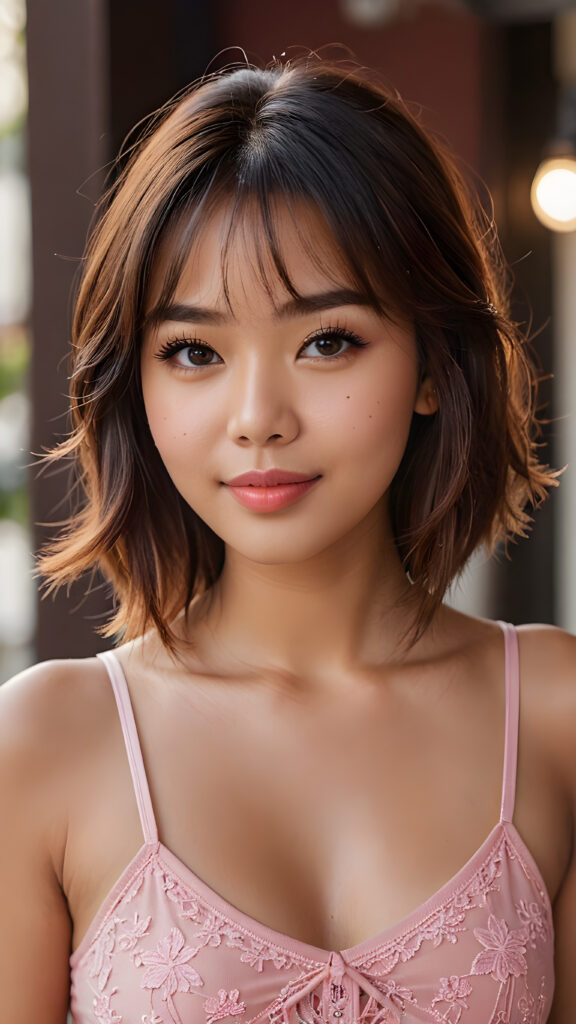 a stunningly beautiful (((female model))) with an upper body that exudes cuteness, captured in a side view that highlights the intricate details and luxurious color contrast, using advanced techniques like deep shadow and focus, creating a masterpiece that boasts a breathtakingly realistic image, with a cute 16-year-old well busty Filipino girl with bangs and detailed red straight soft hair, she wears a short cropped tank top and deep v-neck, a perfect curved body that embodies elegance, paired with ultra realistic features and a warm smile featuring pink lips