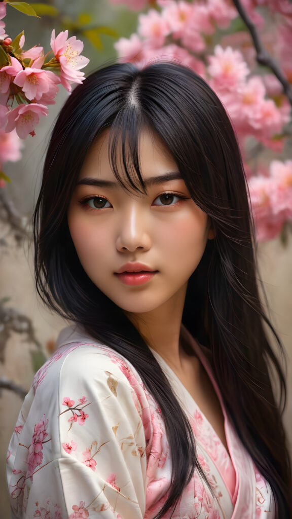 a stunningly beautiful (((Japanese teen model girl))) with (((soft straight black hair, the long hair falls down to her waist))), exuding a (((vividly realistic glow))) that gives off an air of (((ethereal innocence))), her (((detailed, angelic face))) radiating joyful excitement, framed by a (((cherry blossom backdrop))) consisting of (((subtle, elegant patterns))), a (((soft, empty canvas))). She is captured in a (((portrait shot))), with a flawlessly proportioned figure and (((minimalist clothing))) that accentuates every curve, embodying an (((effortless beauty)))