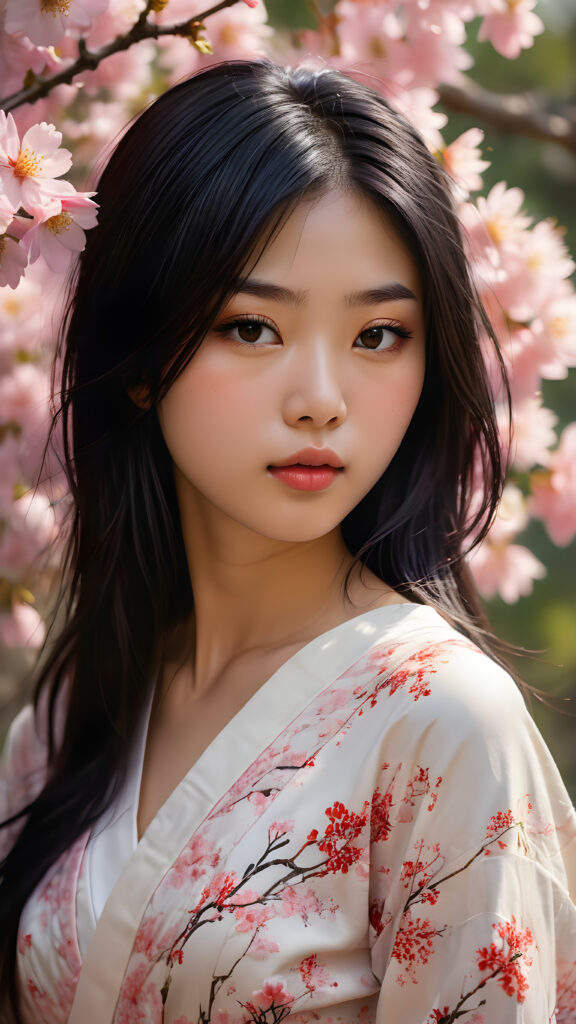 a stunningly beautiful (((Japanese teen model girl))) with (((soft straight black hair, the long hair falls down to her waist))), exuding a (((vividly realistic glow))) that gives off an air of (((ethereal innocence))), her (((detailed, angelic face))) radiating joyful excitement, framed by a (((cherry blossom backdrop))) consisting of (((subtle, elegant patterns))), a (((soft, empty canvas))). She is captured in a (((portrait shot))), with a flawlessly proportioned figure and (((minimalist clothing))) that accentuates every curve, embodying an (((effortless beauty)))