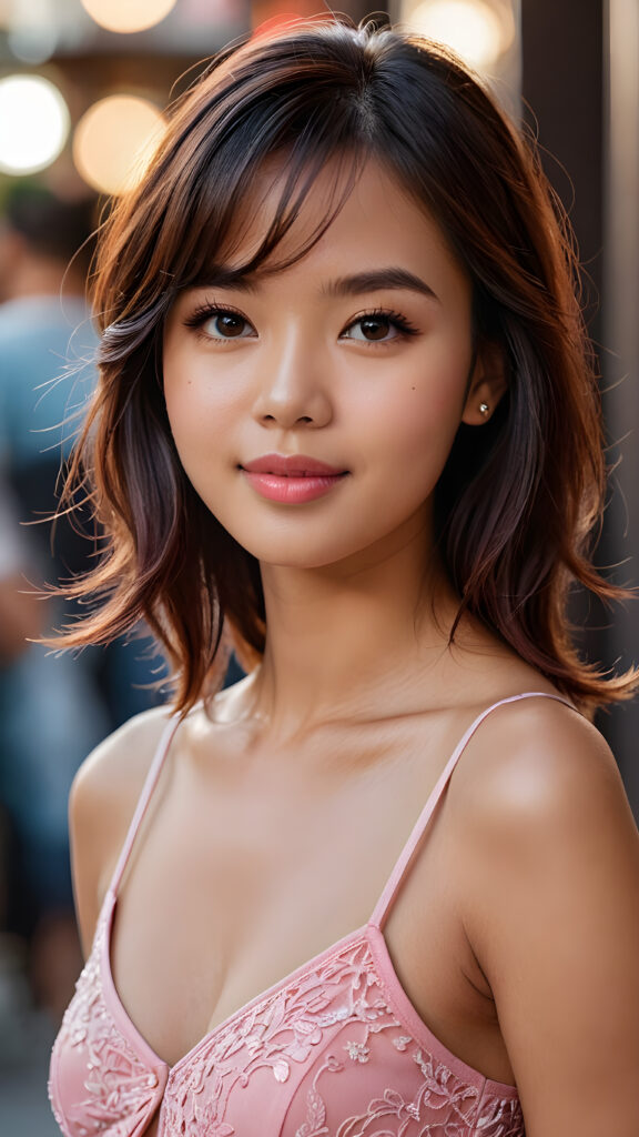 a stunningly beautiful (((female model))) with an upper body that exudes cuteness, captured in a side view that highlights the intricate details and luxurious color contrast, using advanced techniques like deep shadow and focus, creating a masterpiece that boasts a breathtakingly realistic image, with a cute 16-year-old well busty Filipino girl with bangs and detailed red straight soft hair, she wears a short cropped tank top and deep v-neck, a perfect curved body that embodies elegance, paired with ultra realistic features and a warm smile featuring pink lips