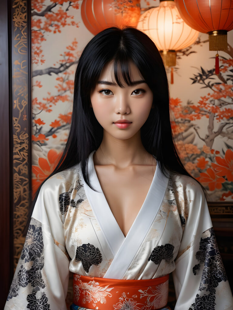 a stunningly beautiful (((Japanese teen model girl))) with (((soft straight black hair))), the long hair falls over her upper body down to her waist, exuding a (((vividly realistic glow))) that gives off an air of (((ethereal innocence))), her (((detailed, angelic face))) radiating joyful excitement, framed by a (((traditional Oriental natural backdrop))) consisting of (((subtle, elegant patterns))), a (((soft, empty canvas))). She is captured in a (((portrait shot))), with a flawlessly proportioned figure and (((minimalist clothing))) that accentuates every curve, embodying an (((effortless beauty)))