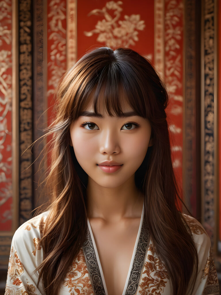 a stunningly beautiful (((Asian teen girl))) with long, flowing (((brown hair))) and intricate (((bangs))) cut, exuding a (((vividly realistic glow))) that gives off an air of (((ethereal innocence))), her (((detailed, angelic face))) radiating joyful excitement, framed by a (((traditional Oriental backdrop))) consisting of (((subtle, elegant patterns))), a (((soft, empty canvas))). She is captured in a (((portrait shot))), with a flawlessly proportioned figure and (((minimalist clothing))) that accentuates every curve, embodying an (((effortless beauty)))