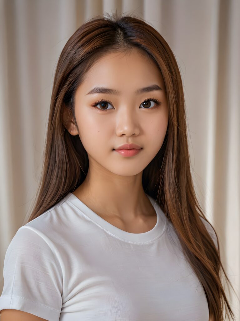 a (((stunningly elegant and cute long, straight hazelnut hair))) Asian (((teen girl))) with a (((realistically detailed angelic round face))) and (((realistically detailed hazelnut eyes))) looking pensively at the camera in a (((perfectly drawn portrait shot))) against a (((flawlessly detailed, realistic skin color))) backdrop, wearing a (super short, tight ((white t-shirt made on thin silk))), her flawless form elegantly framed by a side perspective, without any (background details)