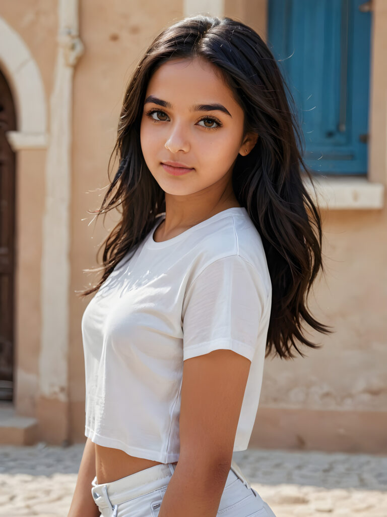 a (((stunningly gorgeous))) (((detailed and realistic portrait))) featuring a 16-year-old Arab girl who wears a (((white short t-shirt))), long straight black hair, she has a perfect curved body