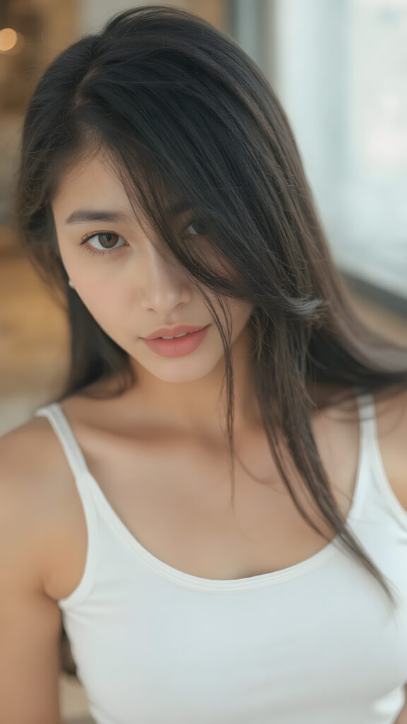 a (((stunningly realistic full-body photograph))), capturing a beautifully proportioned (((Asian teenage girl))) with exquisite features like smooth skin, (((amber eyes))), and long, straight black hair that reaches down to her waist. Her lips are soft and inviting, painted in a (natural, light hue). She wears a (very short, tight white crop tank top) that accentuates her flawless complexion. The scene is (softly backlit) with a (natural focus on her face and lips). Looking into the camera. ((Full body view))