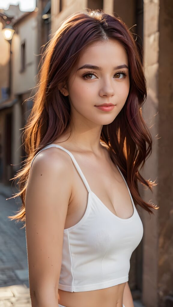 a stunningly (((cute and elegant)) teenage girl) with intricate long (straight hair) that extends down her back, dressed in a (((short white cropped tank top))), featuring perfect curves and an ultra realistic face with (detailed, realistic amber eyes). Her hair is colored in shades of (maroon) and styled in a sleek straight mane, framing her face in a masterful composition that draws the eye. The scene is captured with a (highly detailed, ultra realistic image) that exudes a warm glow, emphasizing depth through softly blurred focus and a touch of (film grain), while the girl looks directly at the viewer with a (serene smile) that draws attention to her upper body, which stands out in striking detail against a (masterfully crafted, ultra realistic backdrop) that borders on (best-quality art)