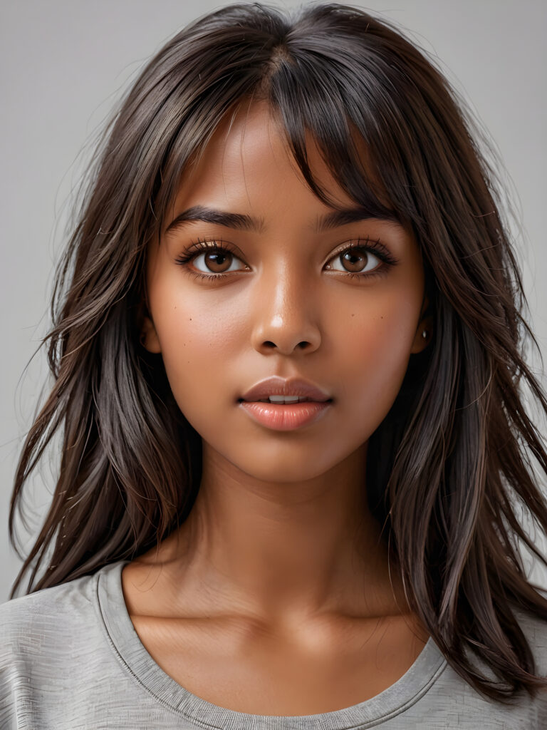 a stunningly detailed (((photograph))) representing a (((brown-skinned Exotc girl))) with intricate, realistically drawn features like dynamically detailed straight long flowing black hair with bangs framing her face, full lips, eyes looking seductively with mouth slightly open, striking realistic and detailed eyes all against a sophisticated, softly lit (background) where she wears a modern minimalist grey t-shirt