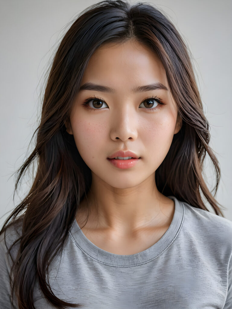 a stunningly detailed (((photograph))) capturing the intricate upper body of a (((realistically Vietnamese girl))), with lively, dynamically detailed straight long flowing hair, full lips, looks seductively and with her mouth slightly open, striking realistic and detailed eyes gazing directly at the viewer, set against a sophisticated, light (background), ((wears a grey t-shirt))