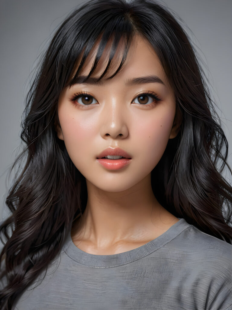 a stunningly detailed (((photograph))) representing a (((Asian girl))) with intricate, realistically drawn features like dynamically detailed straight long flowing black hair with bangs framing her face, full lips, eyes looking seductively with mouth slightly open, striking realistic and detailed eyes all against a sophisticated, softly lit (background) where she wears a modern minimalist grey t-shirt