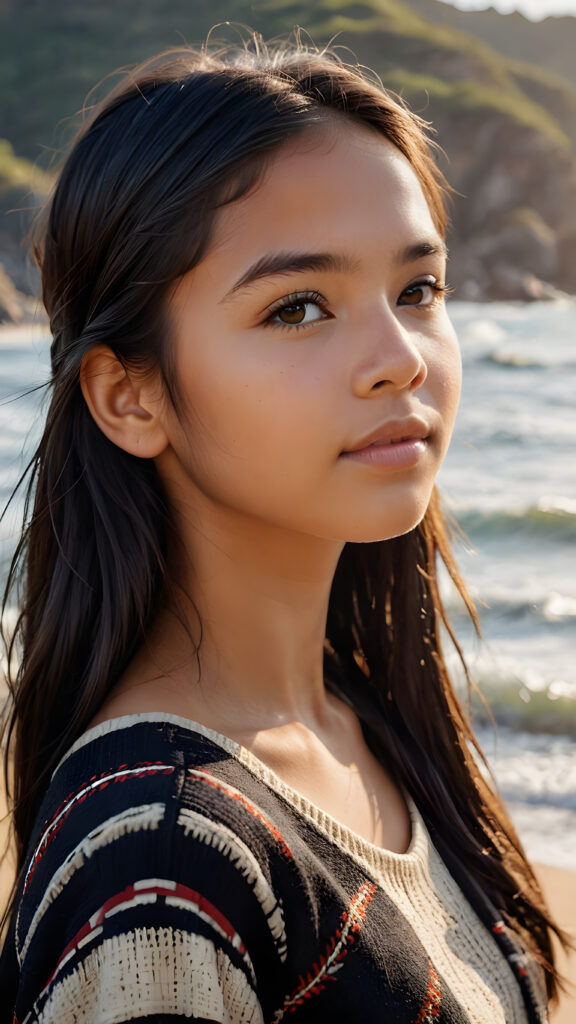 a stunningly detailed and realistic side view image of a (((beautiful, young Indigenous teen girl))), 13 years old with full, shoulder-length, shiny, soft black and straight hair framing her face in gentle waves. Her brown eyes reflect the light, and her skin is a luminous mix of light and dark browns. She wears a thin wool sweater that falls just below her shoulders, revealing a wonderfully shaped body that draws the eye. Her expression is one of seduction, as if inviting the viewer to take in every exquisite detail