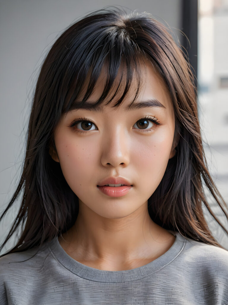 a stunningly detailed (((photograph))) representing a (((Asian girl))) with intricate, realistically drawn features like dynamically detailed straight long flowing black hair with bangs framing her face, full lips, eyes looking seductively with mouth slightly open, striking realistic and detailed eyes all against a sophisticated, softly lit (background) where she wears a modern minimalist grey t-shirt