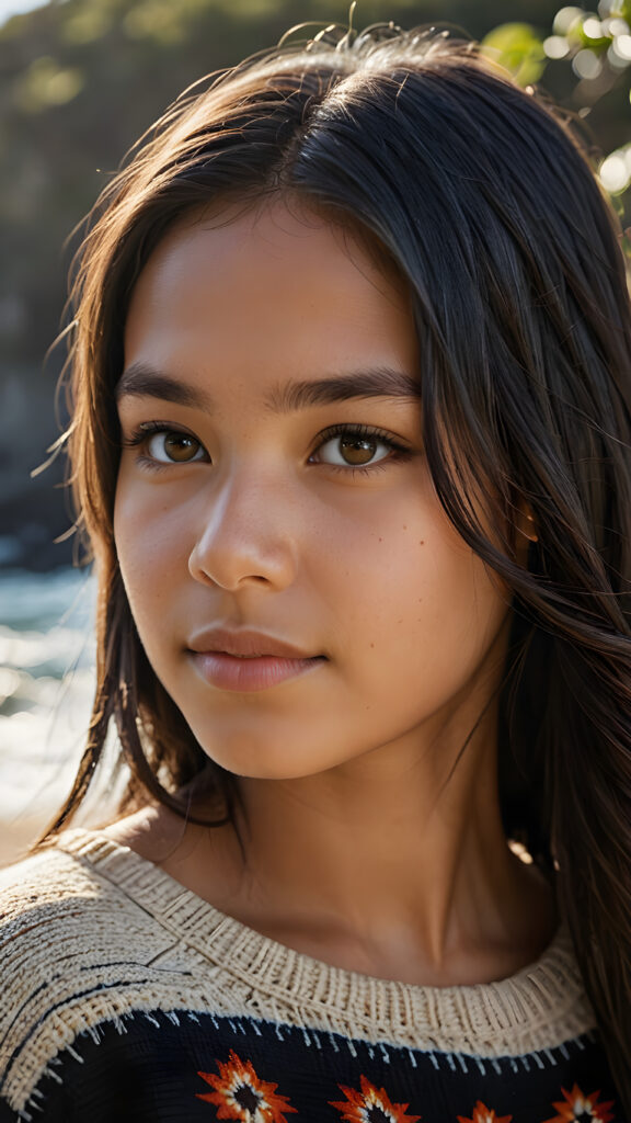 a stunningly detailed and realistic side view image of a (((beautiful, young Indigenous teen girl))), 13 years old with full, shoulder-length, shiny, soft black and straight hair framing her face in gentle waves. Her brown eyes reflect the light, and her skin is a luminous mix of light and dark browns. She wears a thin wool sweater that falls just below her shoulders, revealing a wonderfully shaped body that draws the eye. Her expression is one of seduction, as if inviting the viewer to take in every exquisite detail