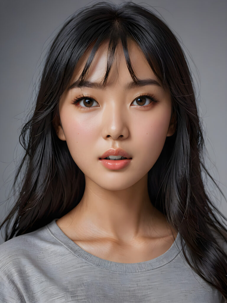 a stunningly detailed (((photograph))) representing a (((Asian girl))) with intricate, realistically drawn features like dynamically detailed straight long flowing black hair with bangs framing her face, full lips, eyes looking seductively with mouth slightly open, striking realistic and detailed eyes all against a sophisticated, softly lit (background) where she wears a modern minimalist grey t-shirt