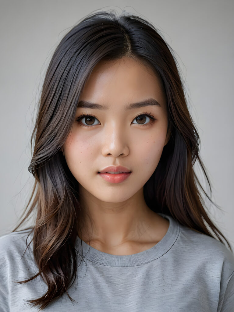 a stunningly detailed (((photograph))) capturing the intricate upper body of a (((realistically Vietnamese girl))), with lively, dynamically detailed straight long flowing hair, full lips, looks seductively and with her mouth slightly open, striking realistic and detailed eyes gazing directly at the viewer, set against a sophisticated, light (background), ((wears a grey t-shirt))