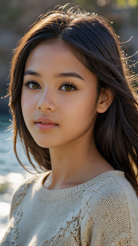 a stunningly detailed and realistic side view image of a (((beautiful, young Exotic teen girl))), 13 years old with full, shoulder-length, shiny, soft black and straight hair framing her face in gentle waves. Her brown eyes reflect the light, and her skin is a luminous mix of light and dark browns. She wears a thin wool sweater that falls just below her shoulders, revealing a wonderfully shaped body that draws the eye. Her expression is one of seduction, as if inviting the viewer to take in every exquisite detail