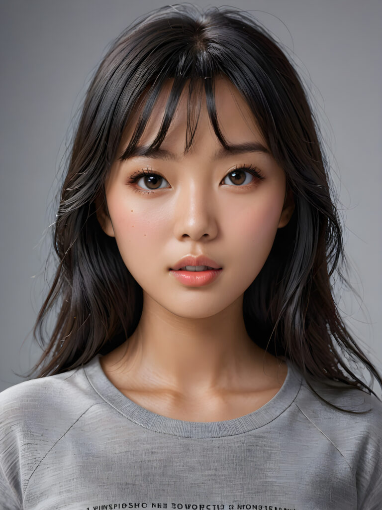 a stunningly detailed (((photograph))) representing a (((Asian girl))) with intricate, realistically drawn features like dynamically detailed straight long flowing black hair with bangs framing her face, full lips, eyes looking seductively with mouth slightly open, striking realistic and detailed eyes all against a sophisticated, softly lit (background) where she wears a modern minimalist grey t-shirt