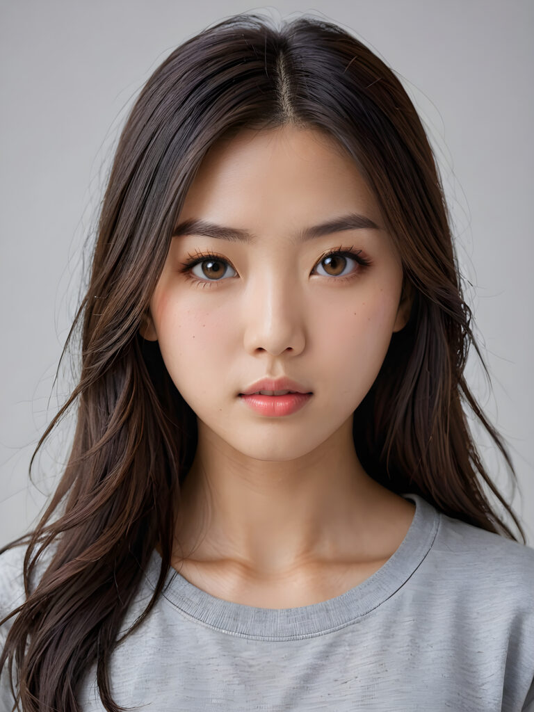 a stunningly detailed (((photograph))) capturing the intricate upper body of a (((realistically Japanese girl))), with lively, dynamically detailed straight long flowing hair, full lips, looks seductively and with her mouth slightly open, striking realistic and detailed eyes gazing directly at the viewer, set against a sophisticated, light (background), ((wears a grey t-shirt))