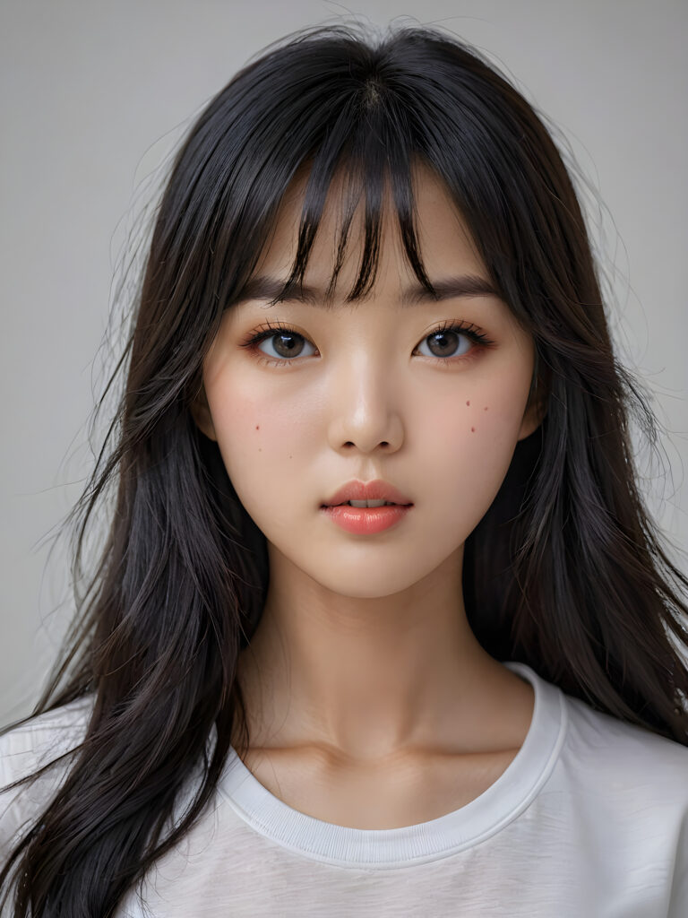 a stunningly detailed (((photograph))) capturing the intricate upper body of a (((realistically Korean girl))), with lively, dynamically detailed straight long flowing black hair with bangs frame her face, full lips, looks seductively and with her mouth slightly open, striking realistic and detailed eyes gazing directly at the viewer, set against a sophisticated, light (background), ((wears a grey t-shirt))