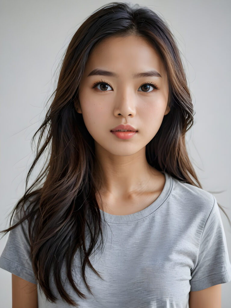 a stunningly detailed (((photograph))) capturing the intricate upper body of a (((realistically Vietnamese girl))), with lively, dynamically detailed straight long flowing hair, full lips, looks seductively and with her mouth slightly open, striking realistic and detailed eyes gazing directly at the viewer, set against a sophisticated, light (background), ((wears a grey t-shirt))