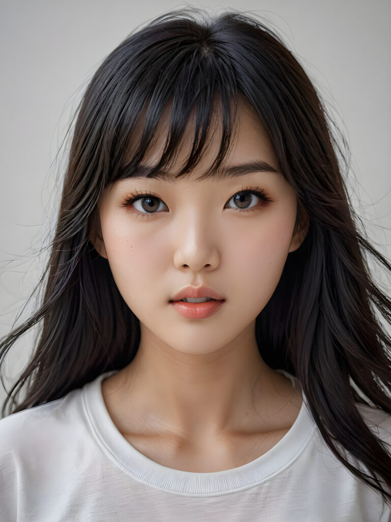 a stunningly detailed (((photograph))) capturing the intricate upper body of a (((realistically Korean girl))), with lively, dynamically detailed straight long flowing black hair with bangs frame her face, full lips, looks seductively and with her mouth slightly open, striking realistic and detailed eyes gazing directly at the viewer, set against a sophisticated, light (background), ((wears a grey t-shirt))