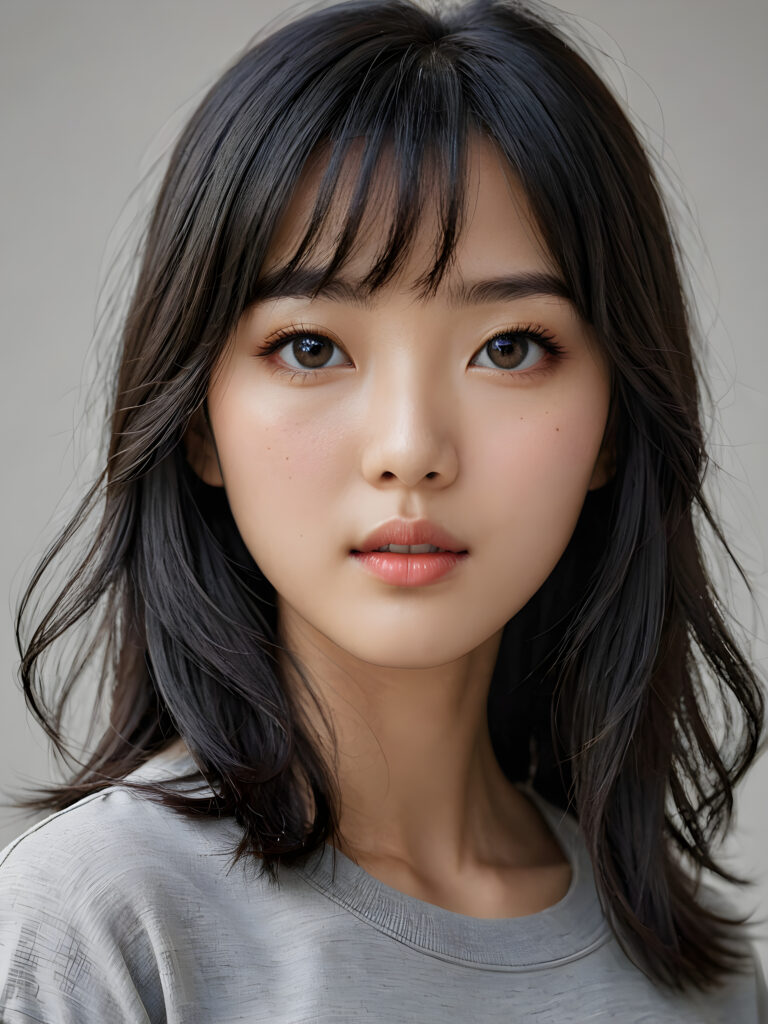 a stunningly detailed (((photograph))) representing a (((Korean girl))) with intricate, realistically drawn features like dynamically detailed straight long flowing black hair with bangs framing her face, full lips, eyes looking seductively with mouth slightly open, striking realistic and detailed eyes all against a sophisticated, softly lit (background) where she wears a modern minimalist grey t-shirt