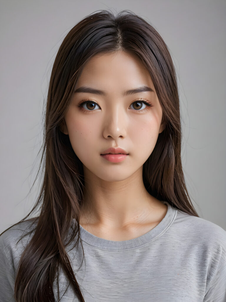 a stunningly detailed (((photograph))) capturing the intricate upper body of a (((realistically Japanese girl))), with lively, dynamically detailed straight long flowing hair, full lips, looks seductively and with her mouth slightly open, striking realistic and detailed eyes gazing directly at the viewer, set against a sophisticated, light (background), ((wears a grey t-shirt))