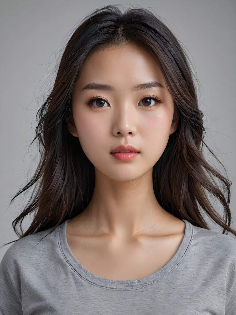 a stunningly detailed (((photograph))) capturing the intricate upper body of a (((realistically Chinese girl))), with lively, dynamically detailed straight long flowing hair, full lips, looks seductively and with her mouth slightly open, striking realistic and detailed eyes gazing directly at the viewer, set against a sophisticated, light (background), ((wears a grey t-shirt))