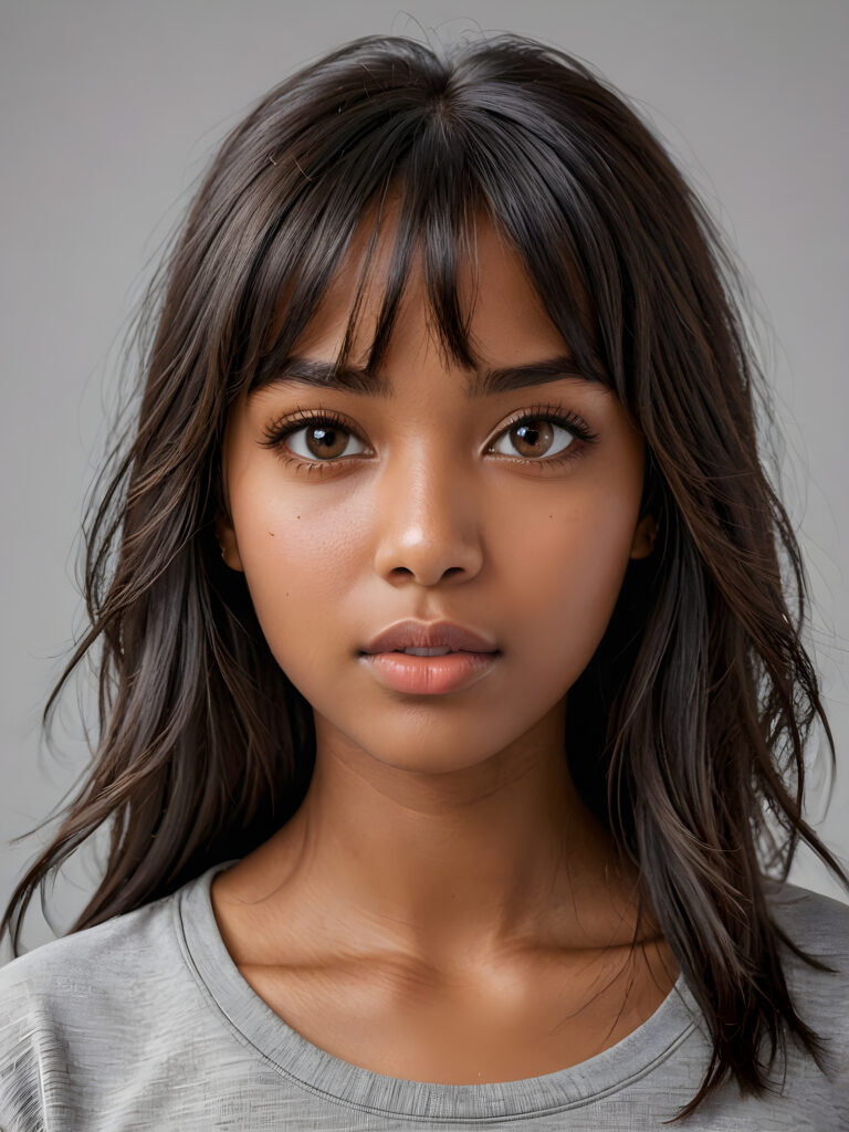 a stunningly detailed (((photograph))) representing a (((brown-skinned Exotc girl))) with intricate, realistically drawn features like dynamically detailed straight long flowing black hair with bangs framing her face, full lips, eyes looking seductively with mouth slightly open, striking realistic and detailed eyes all against a sophisticated, softly lit (background) where she wears a modern minimalist grey t-shirt