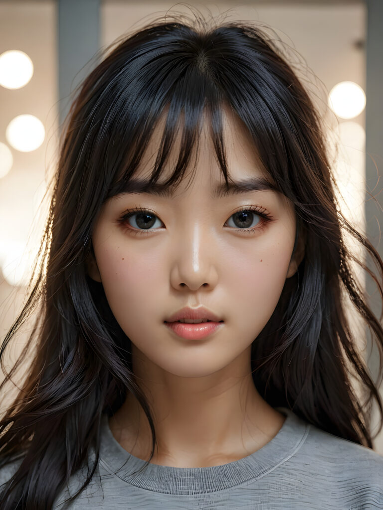 a stunningly detailed (((photograph))) representing a (((Korean girl))) with intricate, realistically drawn features like dynamically detailed straight long flowing black hair with bangs framing her face, full lips, eyes looking seductively with mouth slightly open, striking realistic and detailed eyes all against a sophisticated, softly lit (background) where she wears a modern minimalist grey t-shirt