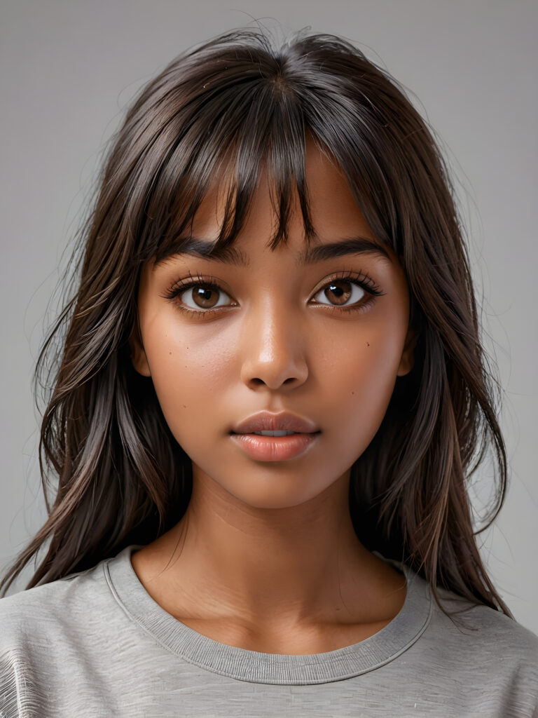 a stunningly detailed (((photograph))) representing a (((brown-skinned Exotc girl))) with intricate, realistically drawn features like dynamically detailed straight long flowing black hair with bangs framing her face, full lips, eyes looking seductively with mouth slightly open, striking realistic and detailed eyes all against a sophisticated, softly lit (background) where she wears a modern minimalist grey t-shirt