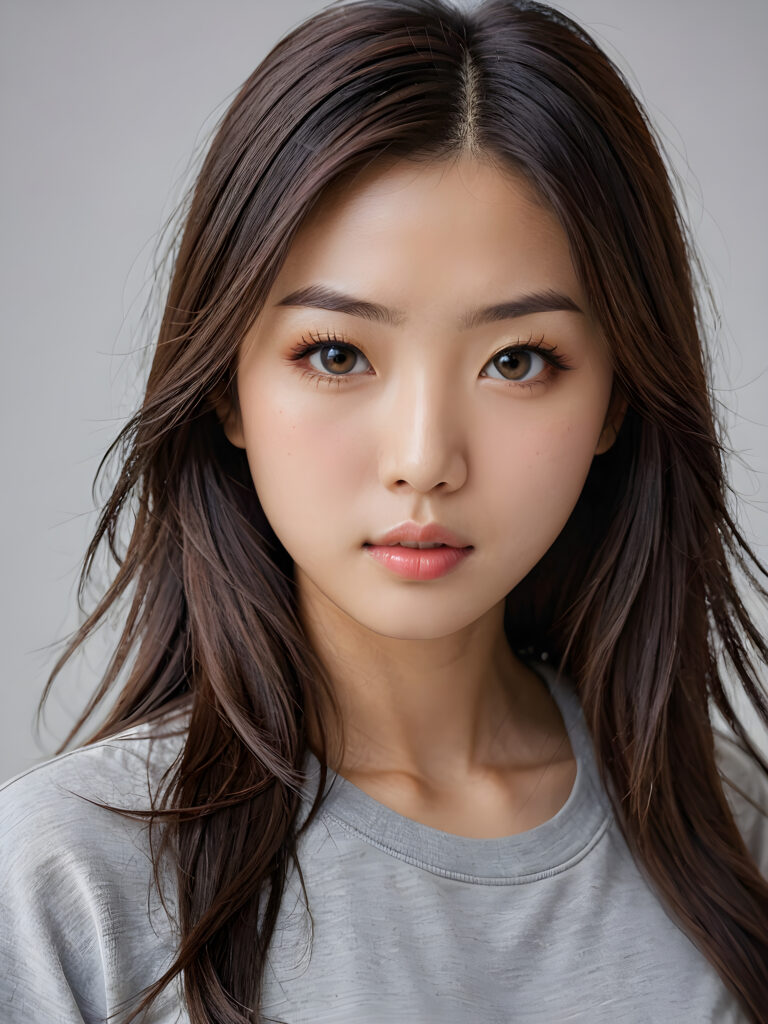 a stunningly detailed (((photograph))) capturing the intricate upper body of a (((realistically Japanese girl))), with lively, dynamically detailed straight long flowing hair, full lips, looks seductively and with her mouth slightly open, striking realistic and detailed eyes gazing directly at the viewer, set against a sophisticated, light (background), ((wears a grey t-shirt))