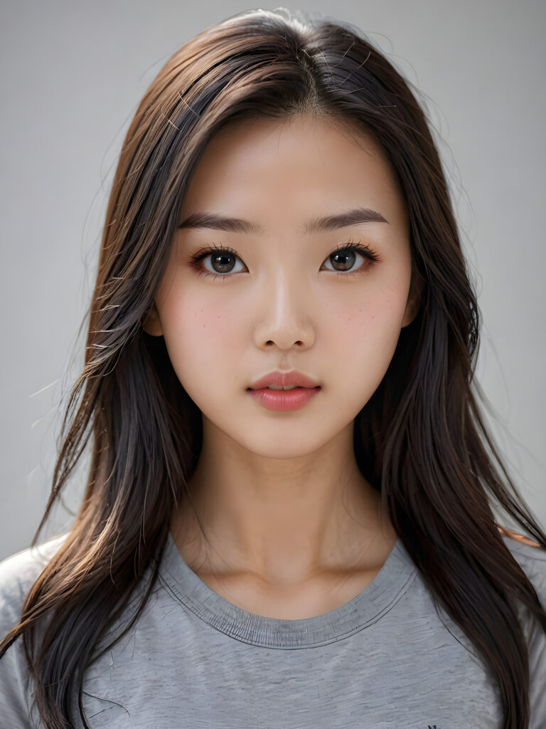 a stunningly detailed (((photograph))) capturing the intricate upper body of a (((realistically Chinese girl))), with lively, dynamically detailed straight long flowing hair, full lips, looks seductively and with her mouth slightly open, striking realistic and detailed eyes gazing directly at the viewer, set against a sophisticated, light (background), ((wears a grey t-shirt))