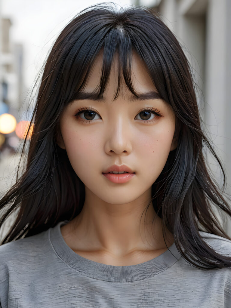 a stunningly detailed (((photograph))) representing a (((Korean girl))) with intricate, realistically drawn features like dynamically detailed straight long flowing black hair with bangs framing her face, full lips, eyes looking seductively with mouth slightly open, striking realistic and detailed eyes all against a sophisticated, softly lit (background) where she wears a modern minimalist grey t-shirt