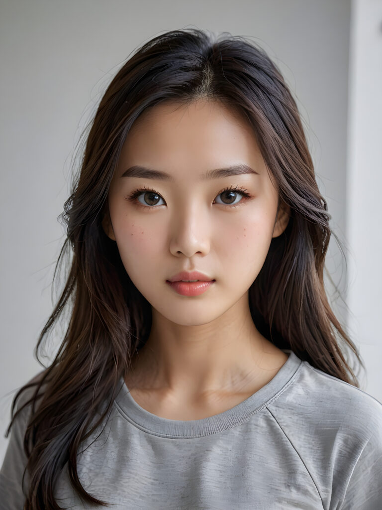 a stunningly detailed (((photograph))) capturing the intricate upper body of a (((realistically Chinese girl))), with lively, dynamically detailed straight long flowing hair, full lips, looks seductively and with her mouth slightly open, striking realistic and detailed eyes gazing directly at the viewer, set against a sophisticated, light (background), ((wears a grey t-shirt))