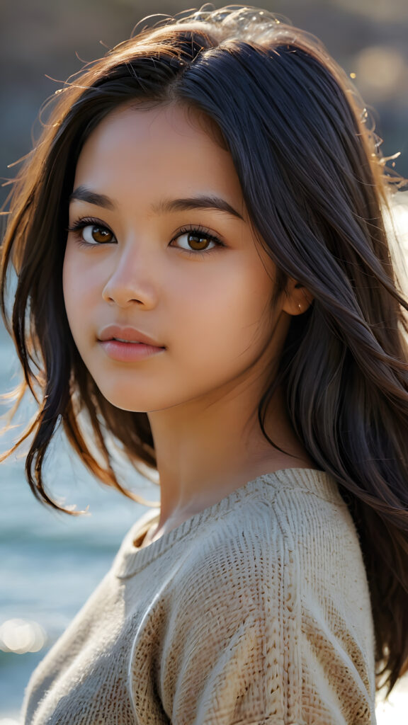 a stunningly detailed and realistic side view image of a (((beautiful, young Exotic teen girl))), 13 years old with full, shoulder-length, shiny, soft black and straight hair framing her face in gentle waves. Her brown eyes reflect the light, and her skin is a luminous mix of light and dark browns. She wears a thin wool sweater that falls just below her shoulders, revealing a wonderfully shaped body that draws the eye. Her expression is one of seduction, as if inviting the viewer to take in every exquisite detail