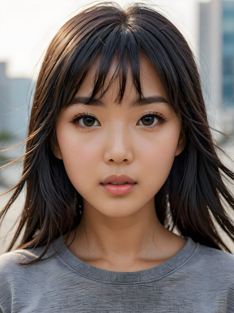 a stunningly detailed (((photograph))) representing a (((Asian girl))) with intricate, realistically drawn features like dynamically detailed straight long flowing black hair with bangs framing her face, full lips, eyes looking seductively with mouth slightly open, striking realistic and detailed eyes all against a sophisticated, softly lit (background) where she wears a modern minimalist grey t-shirt