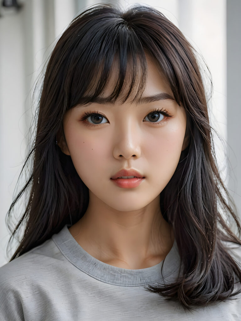 a stunningly detailed (((photograph))) capturing the intricate upper body of a (((realistically Korean girl))), with lively, dynamically detailed straight long flowing black hair with bangs frame her face, full lips, looks seductively and with her mouth slightly open, striking realistic and detailed eyes gazing directly at the viewer, set against a sophisticated, light (background), ((wears a grey t-shirt))