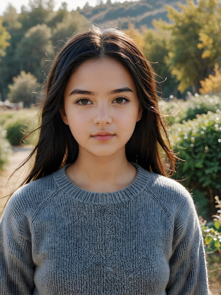 a (((stunningly gorgeous))) (((detailed and realistic portrait))) featuring a 16-year-old Turkmenistan girl who wears a (((grey short sweater made of fine wool))), long straight black hair