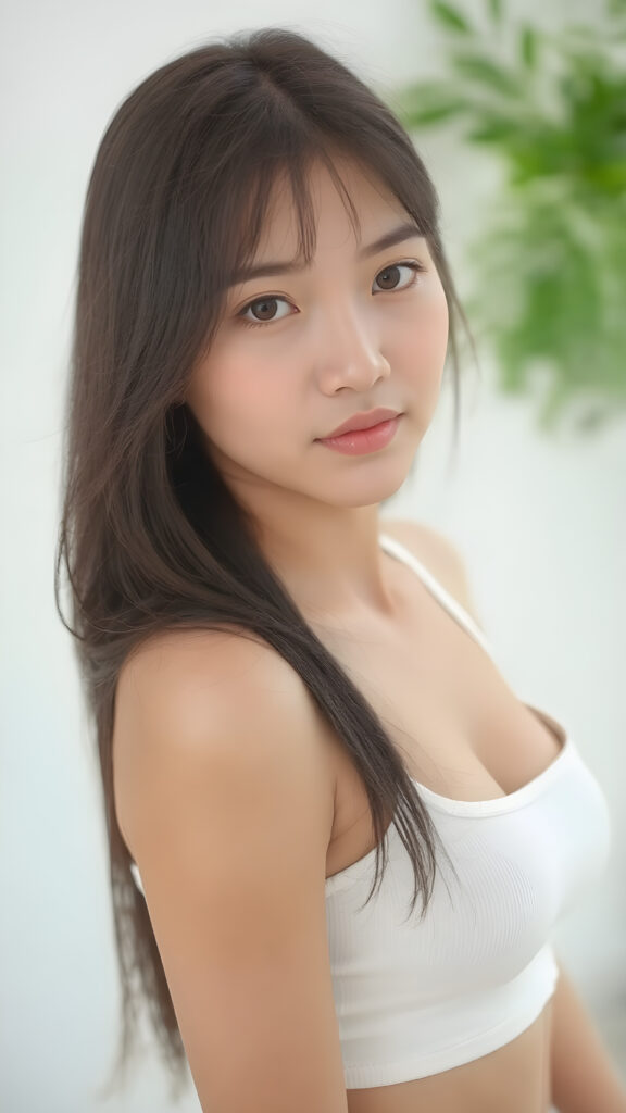 a (((stunningly realistic full-body photograph))), capturing a beautifully proportioned (((Asian teenage girl))) with exquisite features like smooth skin, (((amber eyes))), and long, straight black hair that reaches down to her waist. Her lips are soft and inviting, painted in a (natural, light hue). She wears a (very short, tight white crop tank top) that accentuates her flawless complexion. The scene is (softly backlit) with a (natural focus on her face and lips). Looking into the camera. ((Full body view))